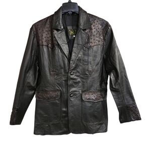 Vtg El Venado Black Leather Western Jacket Ostrich Embossed Size 40 S/M Mexico